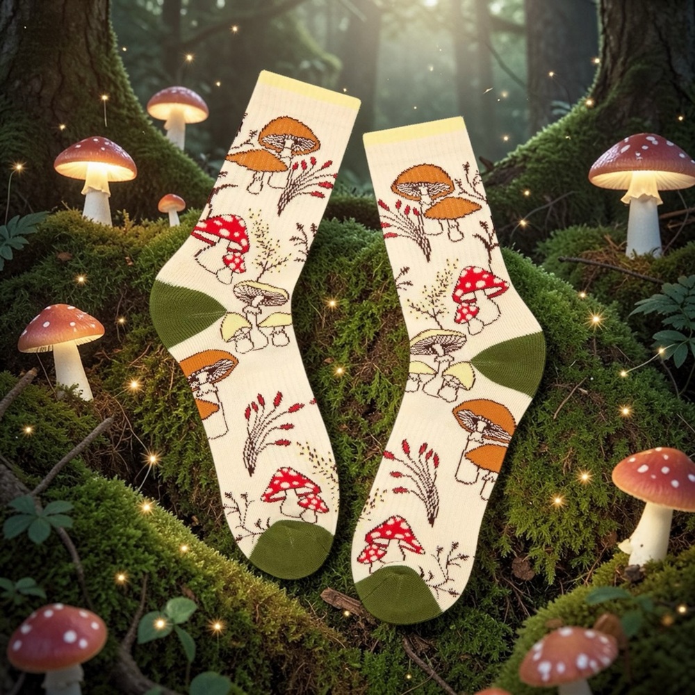 Mushroom Foliage Crew Socks, Multi, Men’s Size 10-13, NWT